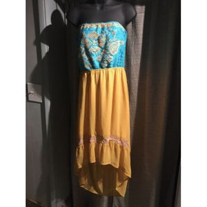 Flying Tomato Boho Embroidered Strapless Summer Dress Juniors Large Gold Turq